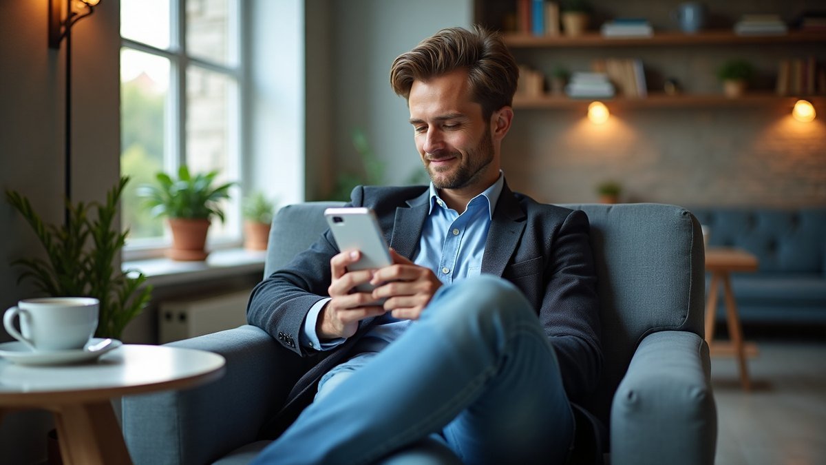 Un jeune homme compare les offres de banque en ligne sur son smartphone