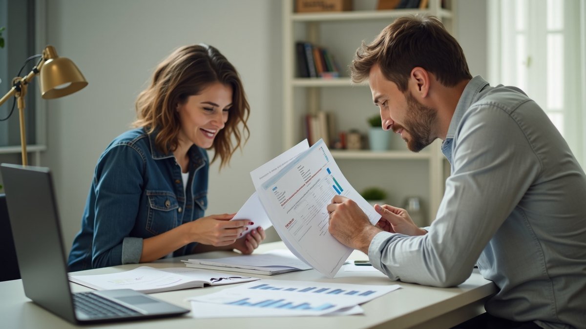 Un couple examine sa déclaration d'impôts à son bureau